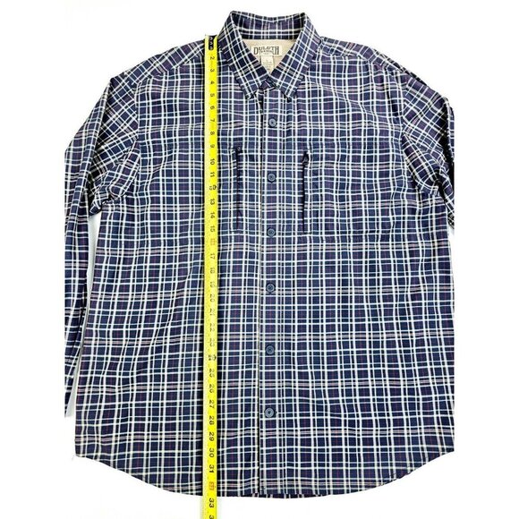 Duluth Size Large Mens Navy Tan Red Check Zip Pocket Back Vent Button Down Shirt - Picture 11 of 11